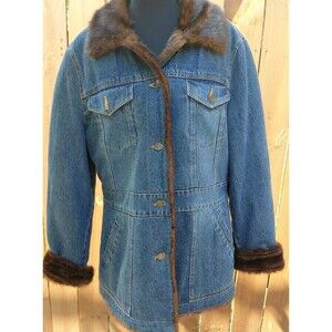 Marvin Richard Womens Denim Jacket XL Blue Coat Faux Fur Lining Trim Blasted